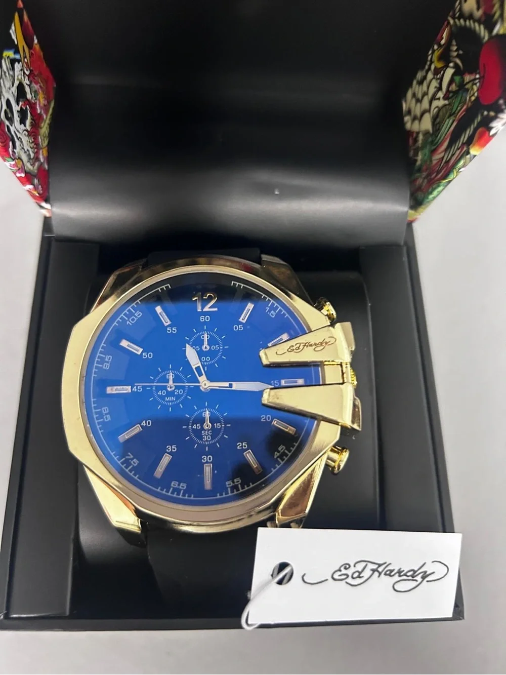 Ed Hardy Gold-Tone Case with Blue Dial Men's Watch